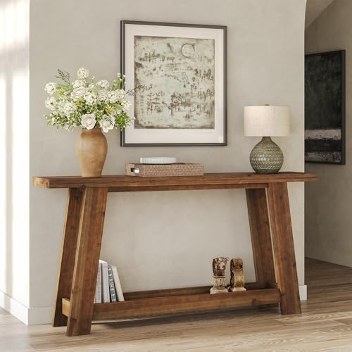 TRIBEWOOD Mesa consola de madera maciza de 63 pulgadas, mesa de entrada con estante de 2 niveles, mesa de sofá estrecha para sofá, salón, pasillo y pasillo