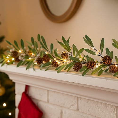 Marco Paul 6ft Pinecone and Berry Twig Christmas Garland with Warm LED Lights - 150cm Artificial Xmas Table Garland with White Berries - Light Up Christmas Decorations for Fireplace Table Stairs