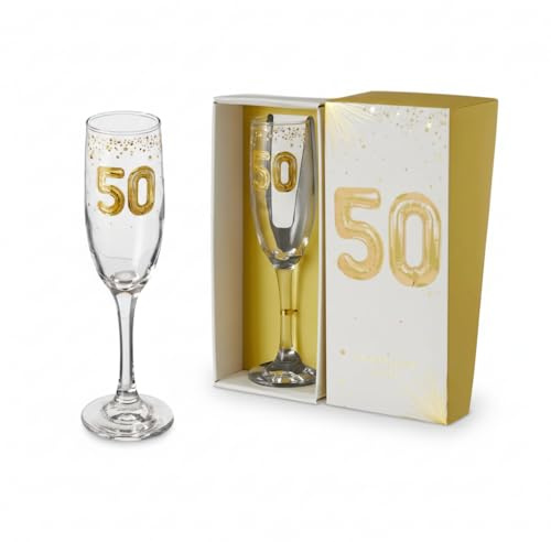 Hox Flûte à champagne pour 50e anniversaire – Design élégant en forme de ballon doré « 50 », verre transparent pour prosecco, champagne et vin mousseux – Souvenir de célébration de qualité supérieure
