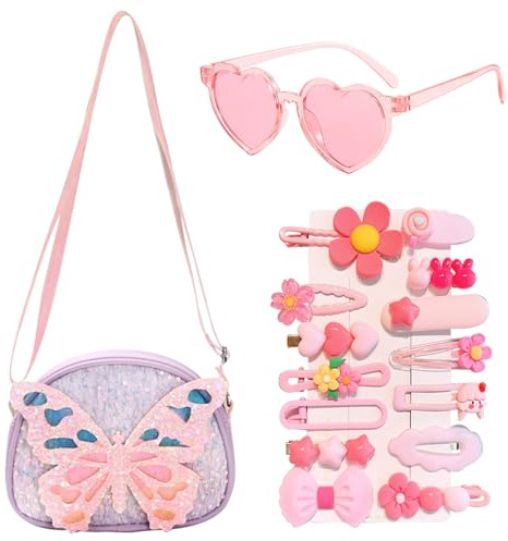 HTTDSLF Sac à Main Fille, Papillon Sac Petite Fille, Sacs à Bandoulière pour Tout-Petits Filles avec Bretelles Réglables, Sacs a Main Petite Filles avec Lunettes de Soleil & Épingles à Cheveux