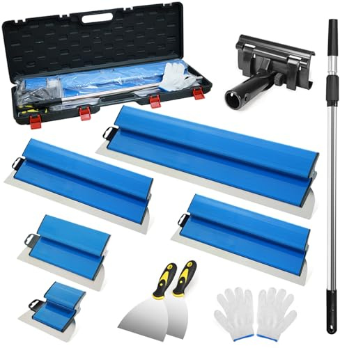 Spatule Enduit Lissage Set, 5 Outils de Spatule (15cm, 25cm, 40cm, 60cm, 80cm) pour les cloisons sèches,à main tige télescopique 85 à 130 cm，2 grattoirs à main et Avec boîte