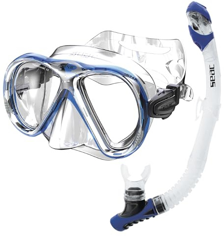 SEAC Set Bis Iena Dry – Set mit Silikonmaske mit Doppellinse und Schnorchel mit Dry-Top-System und Ausblasventil, für Tauchen und Schnorcheln