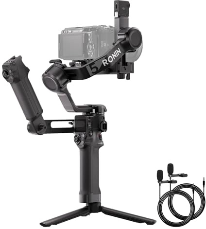 DJI RS 5 Combo con 2x Microfono, stabilizzatore per Canon/Sony/Nikon/Fujifilm, tracciamento intelligente, impugnatura elettronica a valigetta, manopole di regolazione fine, indicatore dell'asse Z