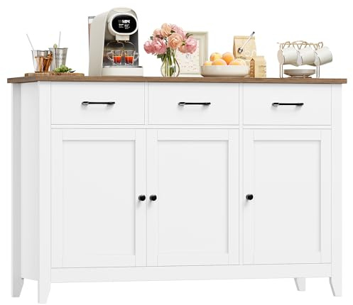 HOCSOK Sideboard, Küchenschrank mit Arbeitsplatte, Küchenbuffet Buffetschrank mit 3 Schubladen, 3 Türen, 1 Festes und 1 Verstellbares Regal, für Küche, Wohnzimmer, Esszimmer, 120 x 40 x 85cm