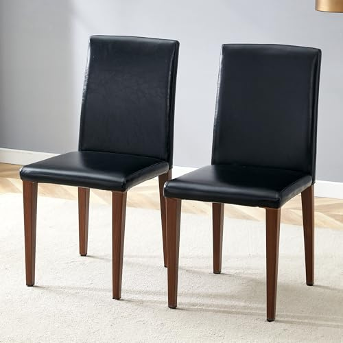 HaoChrymec Sillas de Comedor de Cuero PU y Metal, Salón y Cocina, Negro y Nogal, Set de 2