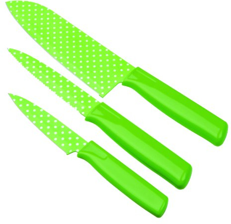 KUHN RIKON 22466 Messer Colori Art CA Polka Dot Küchenmesserset grün gepunktet bestehend aus Gemüsemesser 19,5 cm / Küchenmesser gezackt 23,8 cm und Kochmesser 28,7 cm Edelstahl antihaftbeschichtet