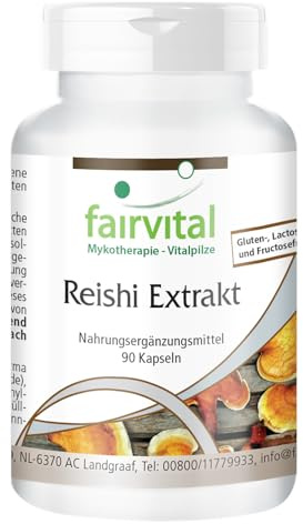 fairvital Extracto de reishi, 90 cápsulas, fáciles de tragar, ALTA DOSIS, 500mg por cápsula, Ganoderma lucidum, 30% de polisacáridos, VEGANO