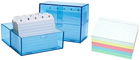 WEDO 2508303 Karteibox DIN A7 quer (aus Kunststoff inklusive 100 Karteikarten, 150 Karten) weiß/liniert/transparentblau (DIN A7, inklusive 300 Karten)