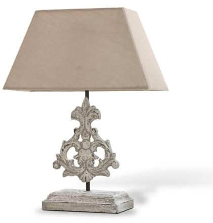 LOBERON Tischlampe Poème, meisterhafte Handwerkskunst, helles Antik-Finish, Tischleuchte mit Vintage-Charme, Paulowniaholz, MDF, Baumwolle, leinen/antikweiß