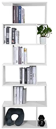 Mondeer Bücherregal mit 6 Ebenen, Regal weiß, S-förmig aus Holz,Büroregal mit Stauraum für Wohnzimmer & Schlafzimmer,70x24x190.5 cm