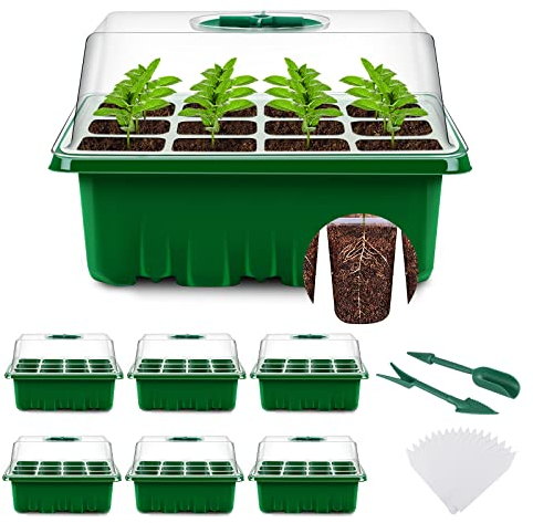 YAUNGEL Seed Trays, 6 Pack 72 Cells Propagator Growing Thicken Seedling Starter Growing Trays with Clear Lids/Adjustable Window for Greenhouse & Gardens, Green