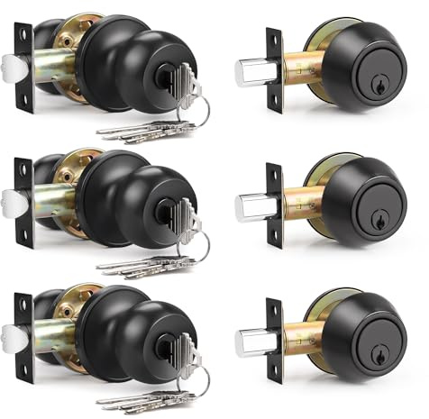 Brotima 3 Pack Entry Door Knob Lockset and Single Cylinder Deadbolt Combination Set in Matte Black Finish, Keyed Alike Exterior Knob Lock and Deadbolt for Front Door and Outside Gate