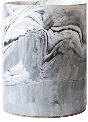 Yundu Porcelain Gray Marble Utensil Crock, Kitchen Utensil Holder for Countertop, 7″ Large Size for Storage,Table-Protection Cork Mat