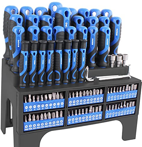 TECPO Schraubendreher Set 100-tlg, mit Präzisions- und Winkelschraubendreher, Bit-Stecknüsse Sortiment