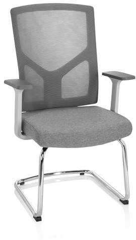 hjh OFFICE 751004 Silla de Visita Breton V W Tela Gris, Silla De Conferencia Cantilever con Reposabrazos, Respaldo en Malla ergonómico