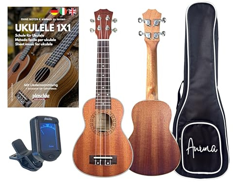 ANIMA Mahonia Sopran-Ukulele Set aus Mahagoni inkl. Tasche & Lehrbuch, ideal für Einsteiger, Kinder & Erwachsene