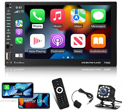 Double Din Car Stereo with Wired Apple Carplay & Android Auto, 7 inch Touch Screen 2 Din Radio, Mirror Link/1080P/Bluetooth/SWC/FM Radio/USB + Backup Camera