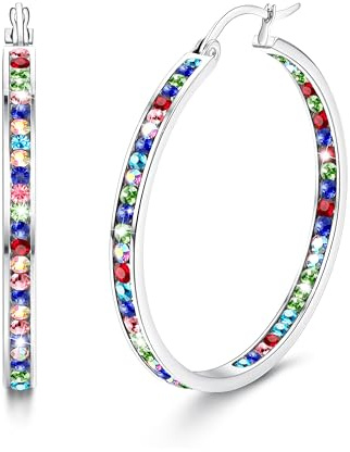 Dimaday Orecchini a Cerchio in Acciaio Inossidabile con Strass Multicolore - Set Gioielli Huggie per Donna 35/40/50mm