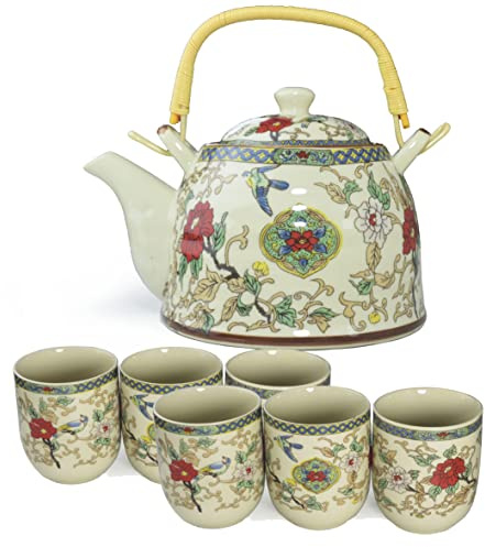Juego de tetera de porcelana, 1 tetera, 6 tazas, tetera de cerámica, regalo de mesa, juego de olla de 30 onzas + tazas de 6 onzas de color)