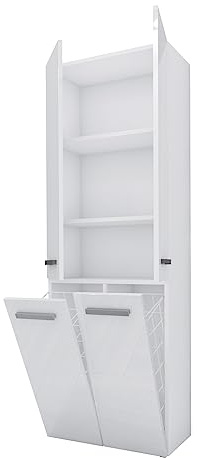 3E 3 x E living.com badrumsskåp – stativskåp med tre hyllor och två tvättkorgar, vit matt/vit högglans D: 30 cm, H: 174 cm, B: 60 cm