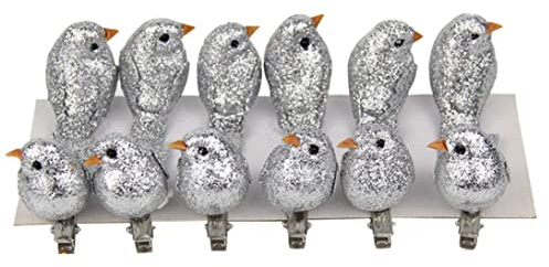 12 Stück künstliche Vögel Clip auf Baumschmuck Glitter Weihnachtsschmuck Mini niedliche Vögel Ornamente für Weihnachtsbaum, Geschenkverpackungen, Gartendekoration (Silber)