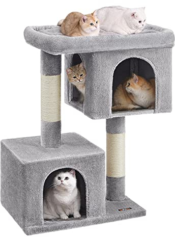 FEANDREA Cat Tree, Cat Tower, Cat Condo for Extra Large Cats up to 20 kg, Large Cat Perch, 2 Cat Caves, Scratching Post, Light Grey PCT614W01, 68 x 48 x 101 cm
