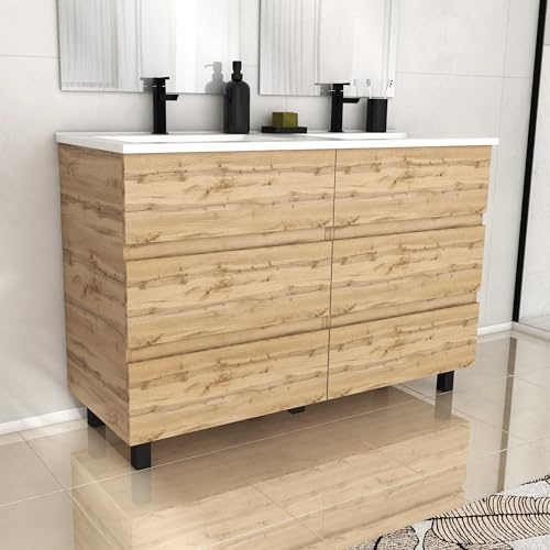 Meuble de salle de bains 120cm 6 Tiroirs_Chêne Naturel + Vasque céramique blanche - TIMBER 120
