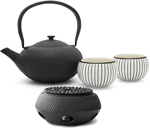 Bredemeijer Gusseisen Tee Set 1.0 Liter Teekanne mit Stövchen & 2 Porzellan-Tassen (Becher) & Edelstahl Tee-Filter Sieb-Einsatz - ideal für lose Teesorten