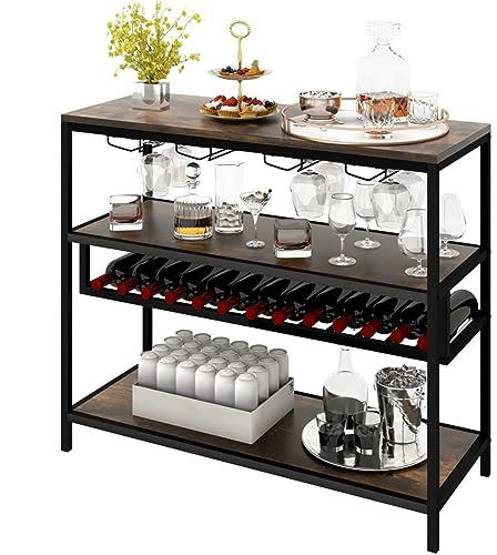 TANGZON 4/5-Tier Wine Bar Cabinet, 13/22 Bottle Wine Rack with Glass Holder, Table Top & Anti-toppling Device, Freestanding Storage Shelf for Kitchen Dining Room, Rustic Brown (13 Bottles, 4 Tier)