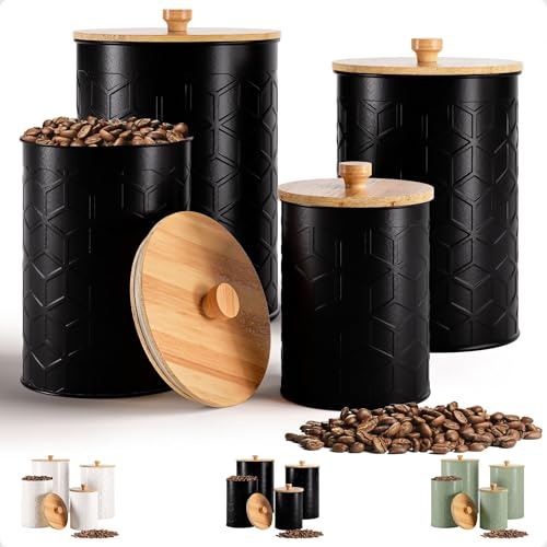 Kitchen Canisters for Countertop Set of 4 - Textured Iron Kitchen Canisters with Airtight Lids - Flour Sugar Canister Set - Flour and Sugar Containers Farmhouse - Coffee Jar for Counter - Black Jar x4