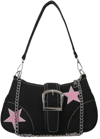 Kexpery Schultertasche mit Stern-Kette, Y2k-Damen-Halbmond-Tasche, lässige Umhängetasche, Hobo-Tasche, vielseitige Umhängetasche, Achseltasche, tägliche Dating-Geldbörsen (schwarz)