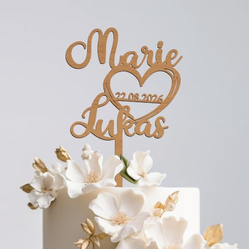 Namofactur personalisierter Cake Topper Herz aus Holz für die Hochzeit | Mit Namen und Datum gestaltbar, in drei Größen wählbar – persönliche Tortendekoration für Brautpaar, Jubiläum und Trauung