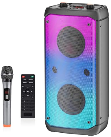 TAMPROAD Bluetooth Speaker, 80W Peak Wireless TWS Portable Outdoor Party Speakers with Subwoofer, Deep Bass, LED Colorful Lights, Loud Stereo Sound Boombox with Microphone for Home, Camping, Travel