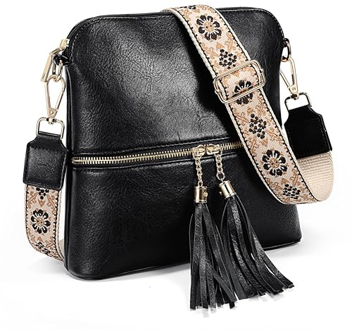 UTO Umhängetasche Damen Stylisch mit Quasten Reißverschluss PU Leder Handtasche Schultertasche Kunstleder Vielen Fächer Breiter Gurt Crossbody Bag mit Verstellbarer Schultergurt Schwarz