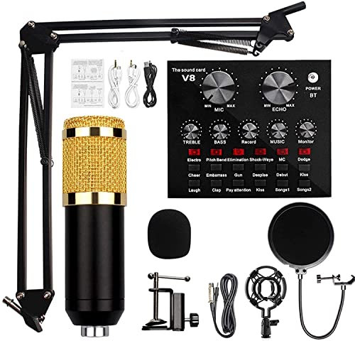 CLLBANT V8 Condenser MicBundle With Live Sound Card, Mini Sound Mixer Board With Multiple Sound Effects, Adjustable Mic Suspension Scissor Arm, Metal Shock Mount A