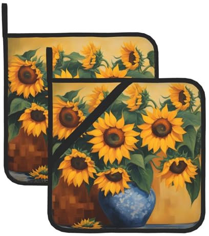 Topflappen mit Sonnenblumen, zum Bemalen, Grillen, hitzebeständige Topflappen, heiße Pads, Kochen, Backen (2er-Pack)