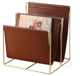 SENYAKI Zeitungsständer Leichtes Luxus-Bücherregal aus Eisen, Metall, Leder, Kleiner Zeitungsständer, amerikanisches Wohnzimmer, Zeitschriftenregal, Bodenregale(Double Layer Style)
