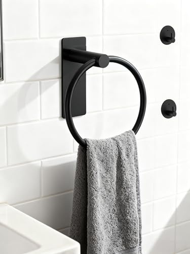 FHBHJNATC 3 Stück Handtuchhalter Ohne Bohren Schwarz, Handtuchhalter Schwarz, Towel Holder, Handtuchringe für Küche und Bad, Bohrfrei, Selbstklebender Edelstahl mit Zwei Kleinen Haken