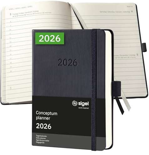 SIGEL C2611 Terminplaner Tageskalender 2026, ca. A6, schwarz, Hardcover, 400 Seiten, Gummiband, Stiftschlaufe, Archivtasche, aus nachhaltigem Papier, Chefkalender Conceptum