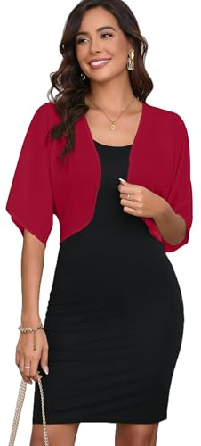 Dosieyeo Boléro pour Femme en Mousseline élégant - Boléro léger et aéré - Manches 3/4 - Veste Fine à Porter sur Une Robe - Top, Rouge Bordeaux, XL