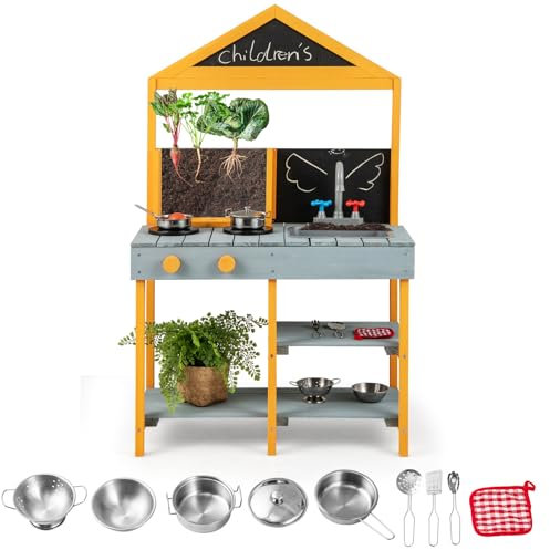 HOMASIS Kitchenette d'extérieur en bois pour enfants de 3 ans et plus avec jardinière, 2 ardoises, robinet rotatif et évier amovible, 69 x 36 x 110 cm (bleu)