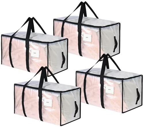 Aufbewahrungstasche Große 4er-Pack 92L Umzugstaschen Unterbett Aufbewahrungsbox mit Reißverschlüssen und Griff Wasserdicht Transparent für Umzüge und zur Aufbewahrung von Kleidung