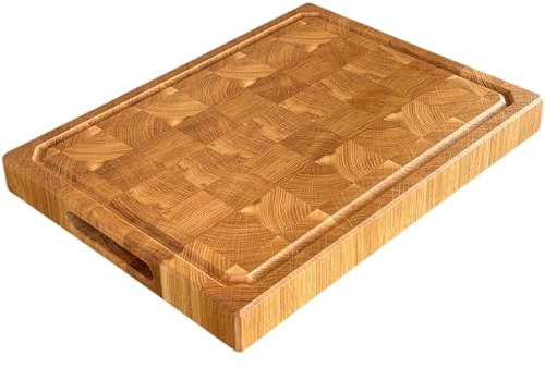 Schneidebretter Holz aus Eiche – Großes Stirnholz Schneidebrett 40×30×4 cm mit Saftrille, Griffen & Silikonfüßen | Massiv, geölt, pflanzenbasiert, deutscher Standard