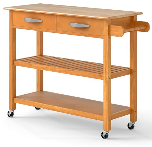 GIANTEX Carro de Cocina con Ruedas, Mueble Auxiliar de Cocina de 3 Niveles con Encimera de Madera de Caucho, 2 Cajones y 2 Estantes, Isla de Almacenamiento Móvil, Comedor, Bar, 116x43x89cm (Natural)