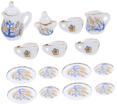 WEKAMOS Mini Set de Té de Porcelana para Casa de Muñecas Juego de Tazas y Tetera Miniatura de Cerámica Accesorio Decorativo para Juego de Simulación y Ambientación Vintage
