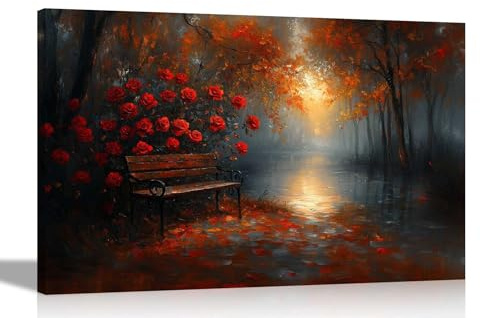 Artley Prints - Rose Flower with Bench in Autumn Park Canvas Prints Wall Art Pictures Home Living Room Bedroom Artwork 60 x 40cm (24 x 16 inches) A2
