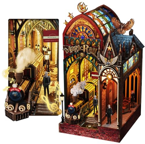 3D Wooden Puzzles for Adults, Magic Rail Train Station Book Nook Kit,LED 3D Puzzle Adult DIY Miniature Wood Model Building Kits with Music, Lights, Bookshelf Decor Gift for Christmas