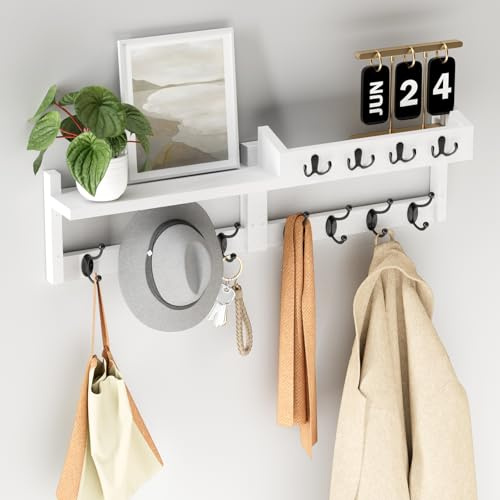 Huracan Wandgarderobe mit Ablage, Garderobe Wand Holz 80cm mit 8 Kleiderhaken und 4 Schlüsselhaltern, Stabil Garderobenleiste für Eingang, Flur, Schlafzimmer, Post & Schlüssel Aufbewahrung, Weiß