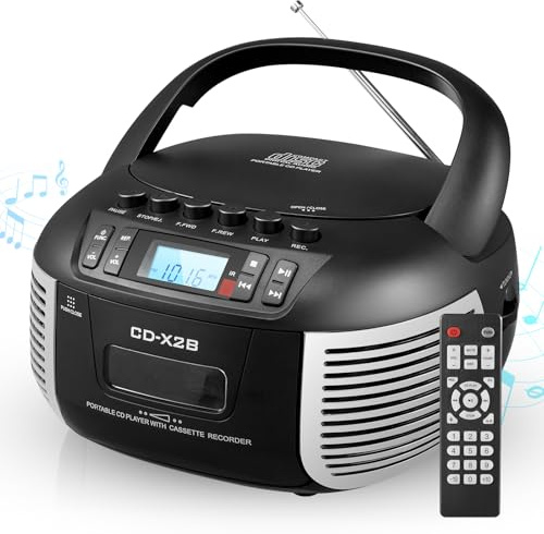 DGXWLLW CD and Cassette Player Combo, Boombox CD Player with FM Radio/Bluetooth/AUX/USB/Tape Recording Remote Control Headphone Jack LCD Display Dual Stereo Sound DC 5V 2A/6 C Battery Powered for Home