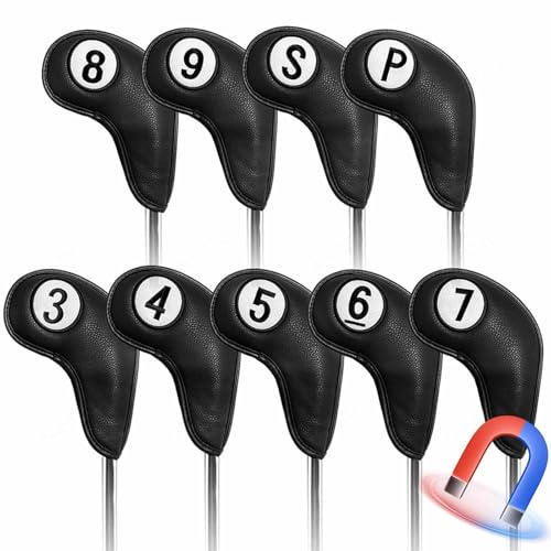 Copritesta in Ferro da Golf 9 pcs, Chiusura magnetica, Copritesta per Mazze da Golf, Con il numero del club Numero Del Club (3-9, P, S),black